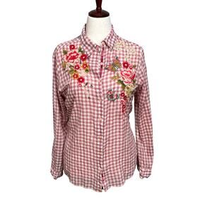 Johnny Was x Anthropologie Rosetti plaid embroidered button down blouse Sz M